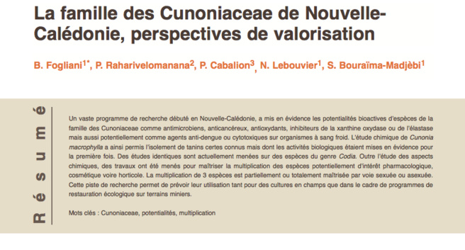 La famille des Cunoniaceae de Nouvelle- Calédonie, perspectives de valorisation La famille des Cunoniaceae de Nouvelle- Calédonie, perspectives de valorisation