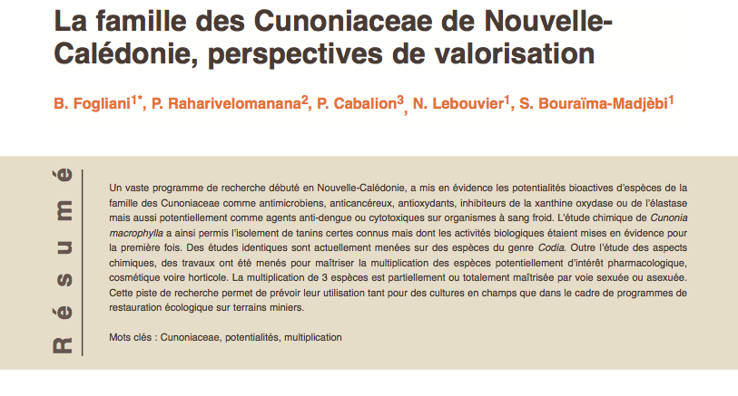 La famille des Cunoniaceae de Nouvelle- Calédonie, perspectives de valorisation La famille des Cunoniaceae de Nouvelle- Calédonie, perspectives de valorisation